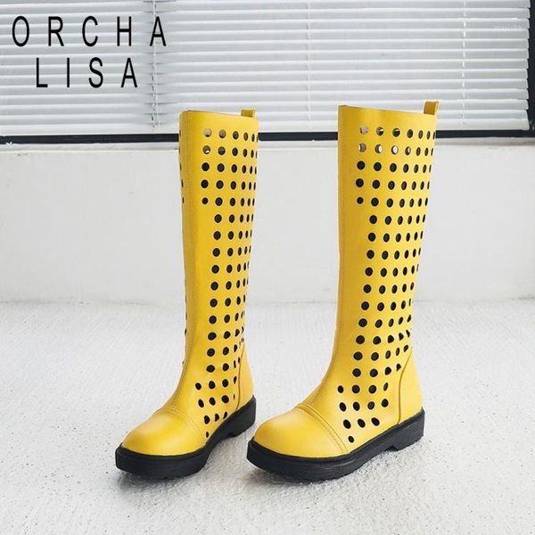 

boots orcha lisa candy color summer holes cut-out shoes flat heels women trendy style slip on yellow purple knee1, Black