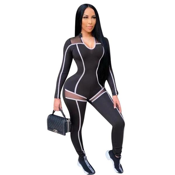 

mesh bodysuit patchwork jumpsuit women black one piece outfit bodycon long sleeve jumpsuit bodysuit clubwear, Black;white
