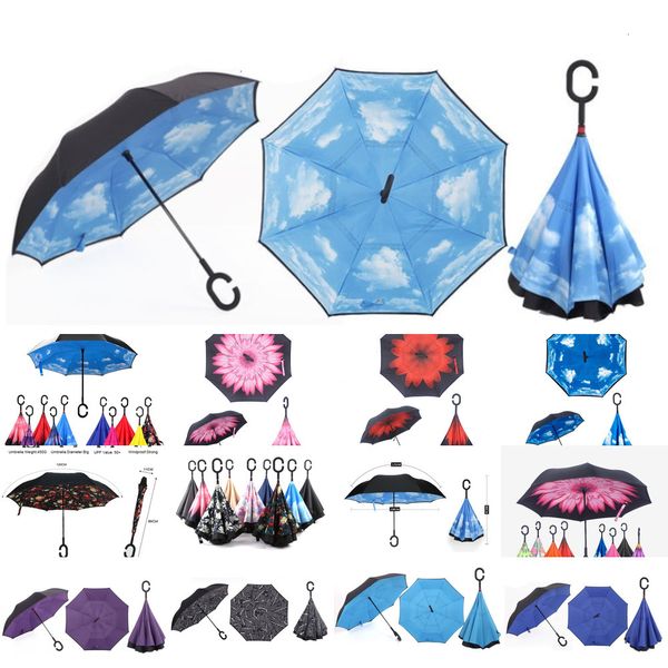 

folding reverse umbrella double layer inverted windproof umbrellas self stand rain protection c-hook hands for car 6 n48i9