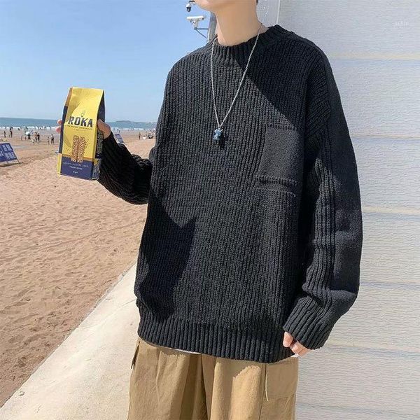 

2020 autumn and winter new youth popular korean men's pure color wild loose knit sweater fashion casual round neck pullover1, White;black
