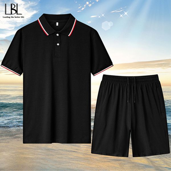 

summer casual tracksuit men middle-aged turndown collar t shirt + shorts men 2 pieces set fitness clothing dad costume plus size lj201124, Gray