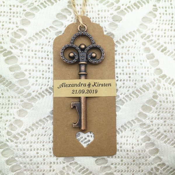 

50pcs/lot wedding souvenirs party gifts for guests copper color skeleton key beer bottle opener with personalized sticker cards 1027