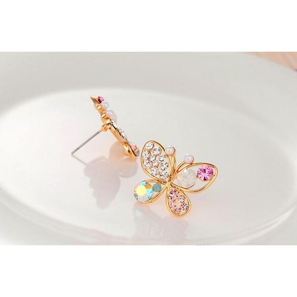 

colorful crytstal rhinestone pearl butterfly pierced earrings fancy crystal earrings stud temperament whol sqcuif new_dhbest, Golden;silver