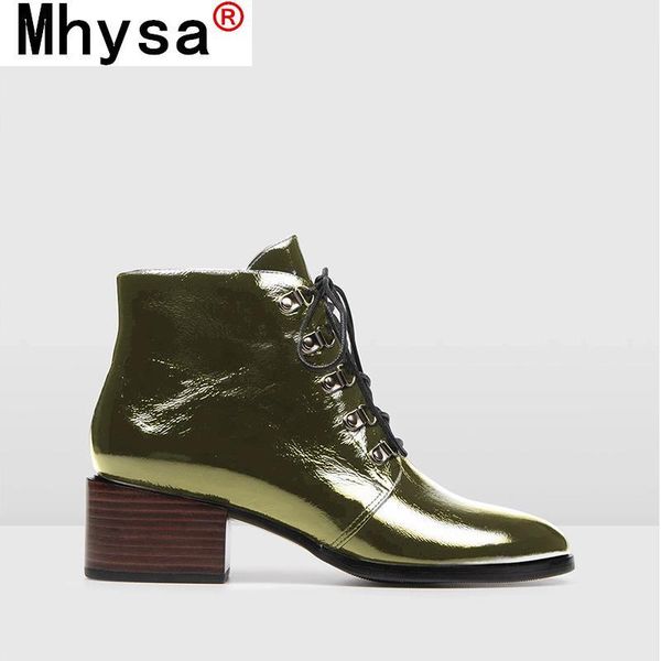 

autumn new women ankle boots ladies patent leather lace up short boots female square heels pointed toe casual woman shoes, Black