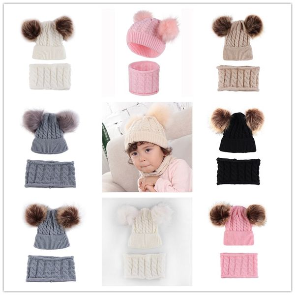 

с 2 фур pom balls winter шапочки и шарф 2 шт набор для 0-2 лет baby дети младенцы twist теплый вязание череп caps headwears e102001, Yellow