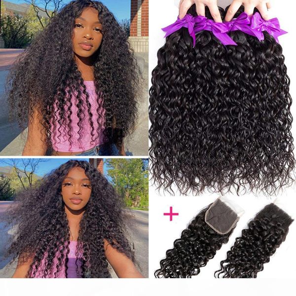 

water wave bundles with closure 3bundles human hair weave with lace closure peruvian hair bundles with closure 100g bundle, Black