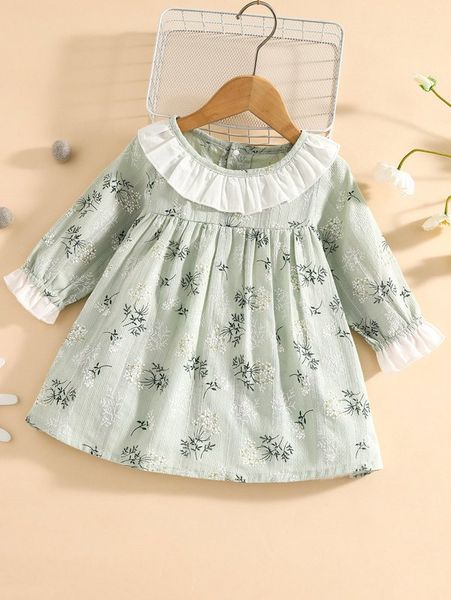 

baby floral print flounce sleeve ruffle trim dress she, Red;yellow
