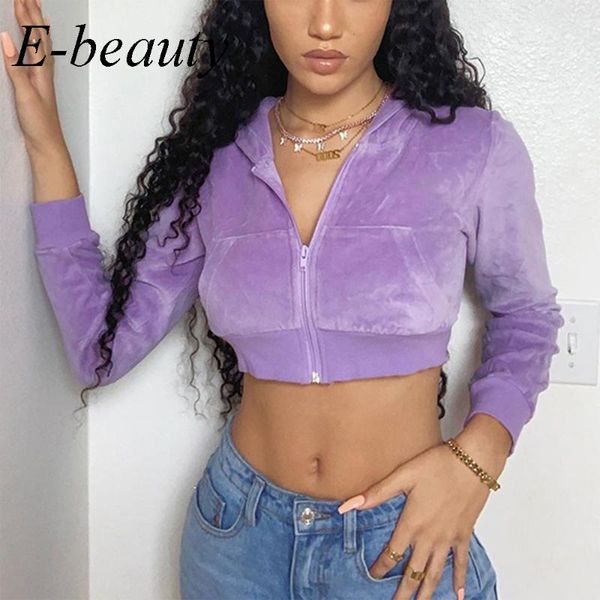 

women's hoodies & sweatshirts y2k 2021 autumn winter fashion cropped women slim outfits purple zip-up long sleeve pullover streetwear, Black