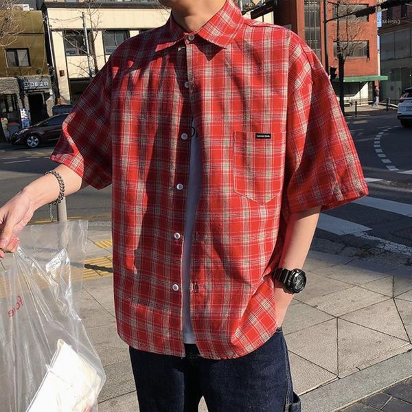 

men's casual shirts 2021 autumn tide male japanese harajuku style wild couple short-sleeved plaid loose student shirt1, White;black