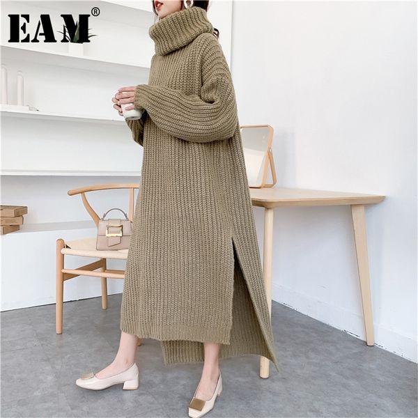 

[eam] khaki big size knitting sweater loose fit turtleneck long sleeve women pullovers new fashion tide autumn winter 1y194 201223, White;black