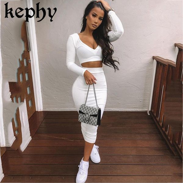 

white two piece set v-neck long sleeve crop long skirt set party clothing sets outfit women two piece outfits 2020