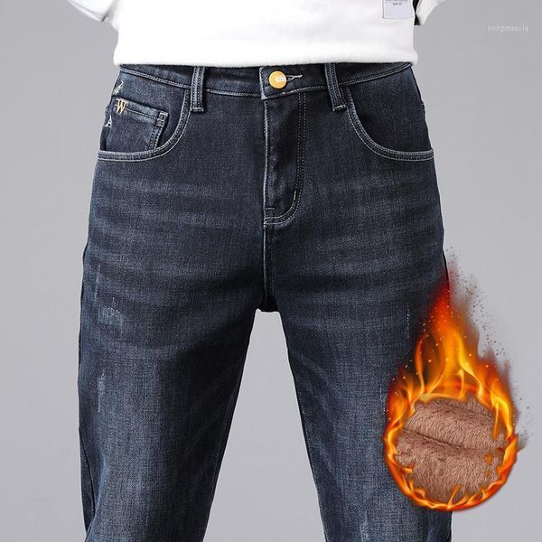 

men's winter trend with plush and thickened jeans is slim stretch jeans with small feet casual and versatile men pants1, Blue