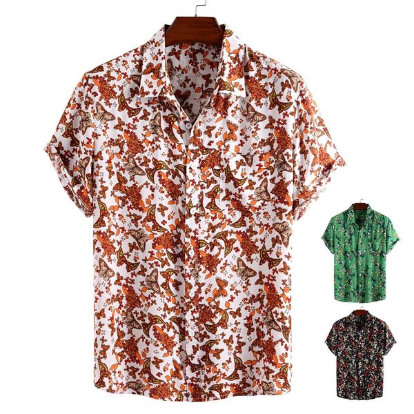 

2021 new short sleeve lapel men's shirtslim fit fashion floral print dress males clothes, White;black