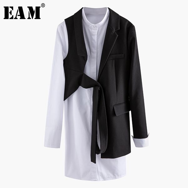 

[eam] women black asymmetrical two piece blazer new lapel long sleeve loose fit jacket fashion tide spring autumn 1n904 201023, White;black