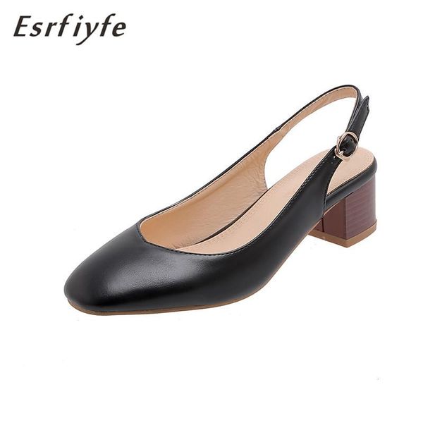

dress shoes esrfiyfe 2021 lady square toe sandals handmade elegant thick heel back strap solid pu leather autumn women, Black