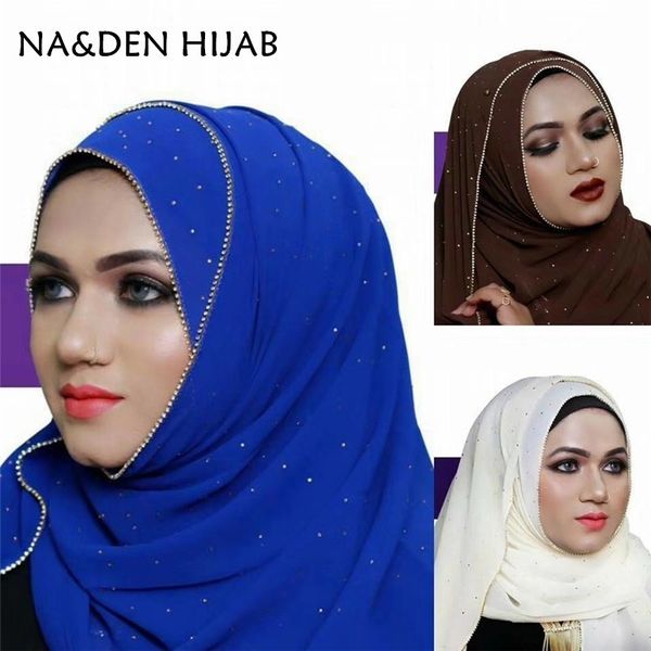 

1 pcs fashion luxury gold diamonds chains borders scarf women shawl plain solid chiffon bandana foulard hijab muslim wraps y201024, Blue;gray
