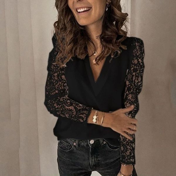 

women chiffon blouse autumn deep v-neck long sleeve shirt ladies casual black shirt women blusas 2020 lace blouse a03, White