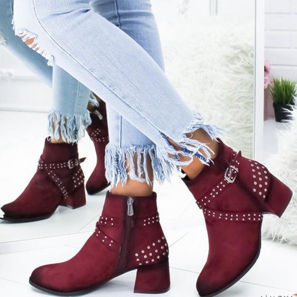 

new ankle boots woman autumn rivet women square high heels female zipper buckle solid shoes ladies fashion casual boots1, Black