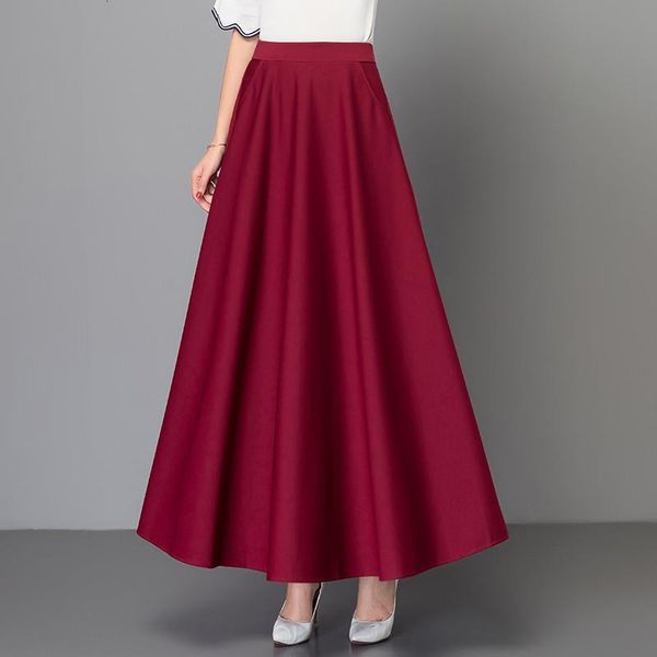 

elegant plus size 3xl pleated skirt korean red black solid color long skirts women high waist vintage big swing office maxi saia