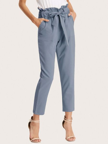 

kate kasin paperbag waist slant pocket belted pants l74r#, Black;white