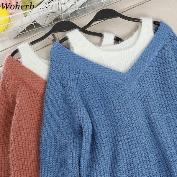 

woherb pull femme long sleeve patchwork pullovers fake two pieces casual loose off shoulder sweater women korean style 914441, White;black