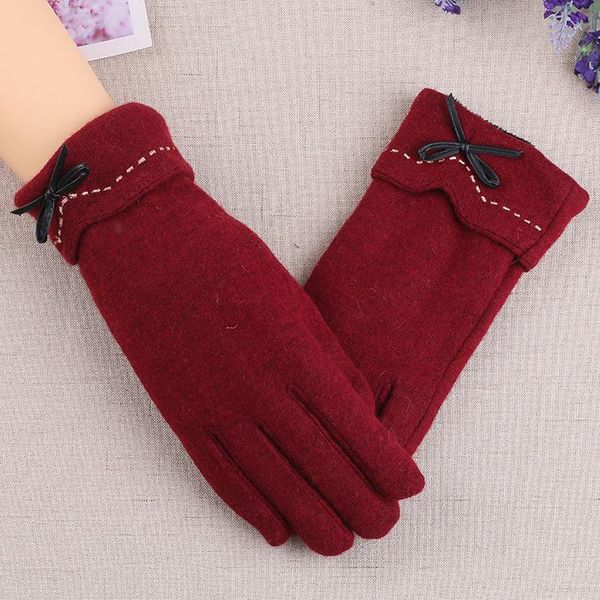 

five fingers gloves solid color plus velvet thicken mittens leather bow dotted wool knit touch screen outdoor warm cashmere full finger, Blue;gray