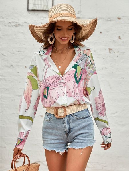 

floral print drop shoulder blouse a2ve#, White