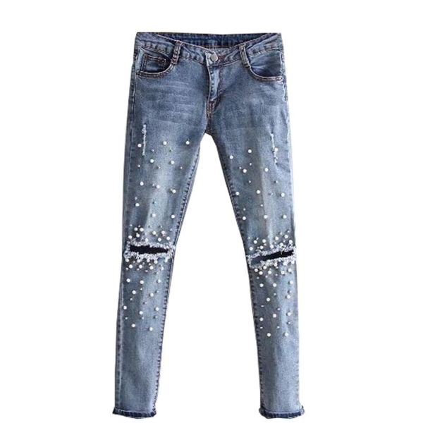 

knee hole beading pearl jeans women stretch skinny denim pants casual slim fit rivet jeans summer long trousers mid waist cowboy, Blue