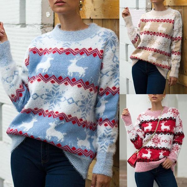 

femme casual knitted warm sweater women autumn winter christmas snowflake elk print o neck knitwear loose warm sweater pullover1, White;black