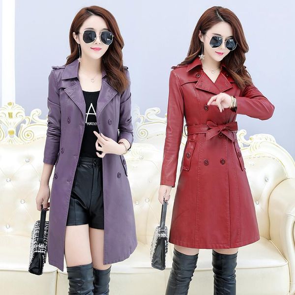 

2018 autumn and winter women's new pu leather women's long section large size 4xl/5xl jacket slim trench coat1, Black