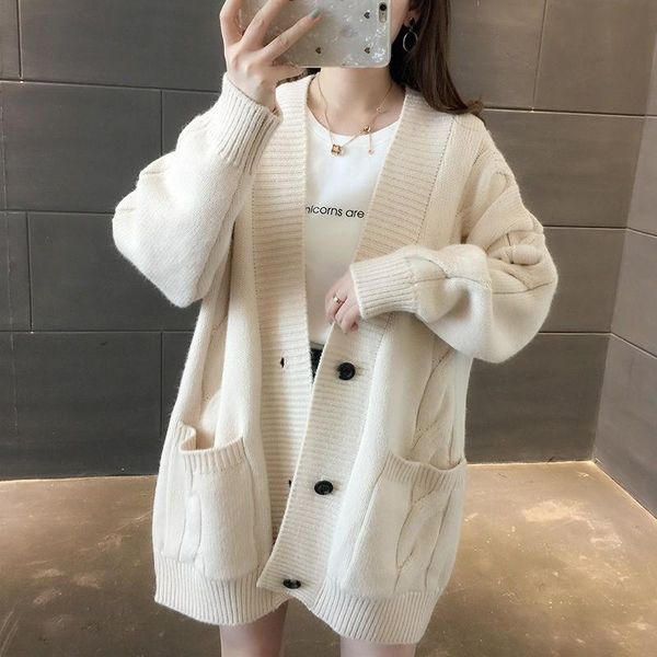 

женские свитера пальто осень корейские моды трикотажные куртки весенняя одежда свободно теплое снаряжение ветровка пальто, Tan;black