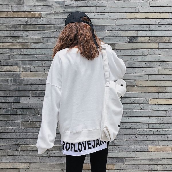 

long sleeve coat t-shirt women's large loose wear pure white pullover crew neck with cotton print t-shirt eqxda