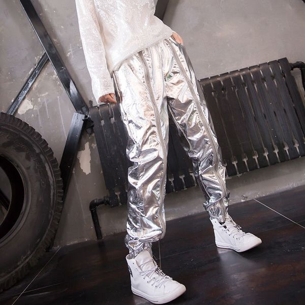 

2021 new shiny fabrics fashion zipper stitching harem streetwear casual joggers sweatpants female party trousers women pants sj98, Black;white
