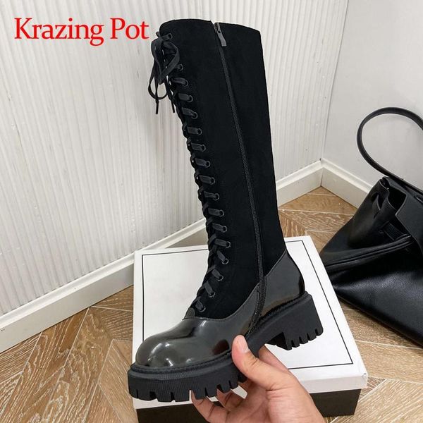 

krazing pot big size cow leather round toe high heel riding boots cross-tied classic colors winter fashion knee-high boots l16, Black