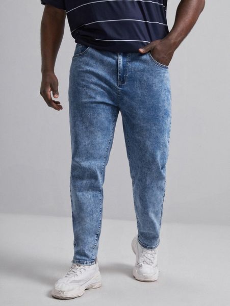 

extended sizes men washed tapered jeans h4k6#, Blue