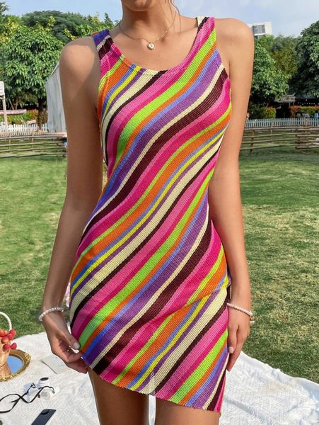 

striped print bodycon dress v3xf#, Black;gray