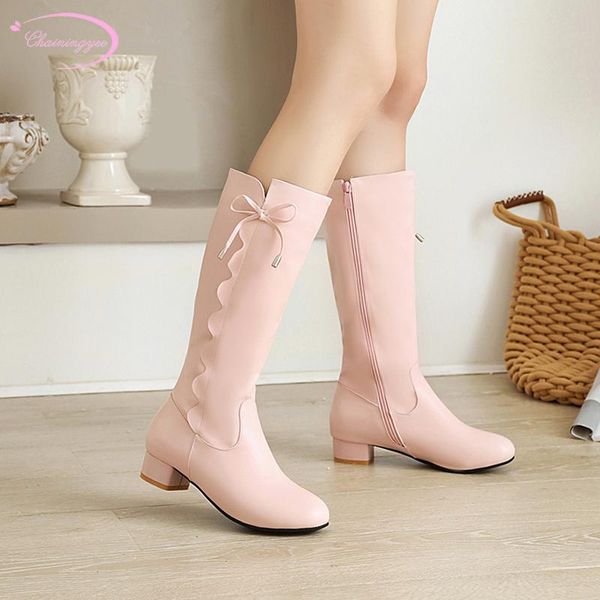 

повседневный стиль круглый носок колено высокие сапоги моды оборками бантом застежка-молния белый черный розовый низкий каблук езда сапоги ж, Black