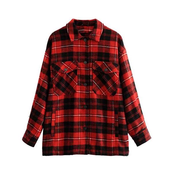 

women plaid oversized red jacket checkered pockets loose style long sleeve warm coat female outwear stylish, Black;brown