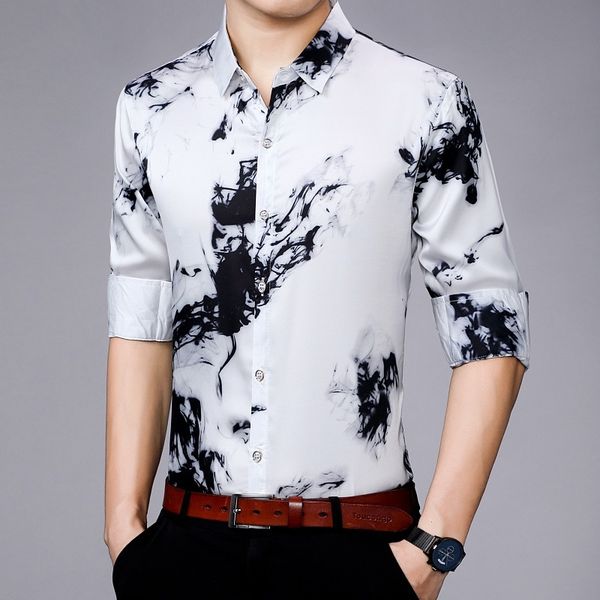 

long sleeve spring autumn chinese style inch young and middle-aged business leisure printed men's shirt, White;black