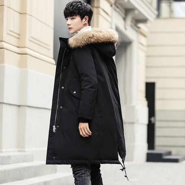 

down jacket for men and women lovers plus long down jacket for korean loose plus-size thick down jacket with large fur collar, Black
