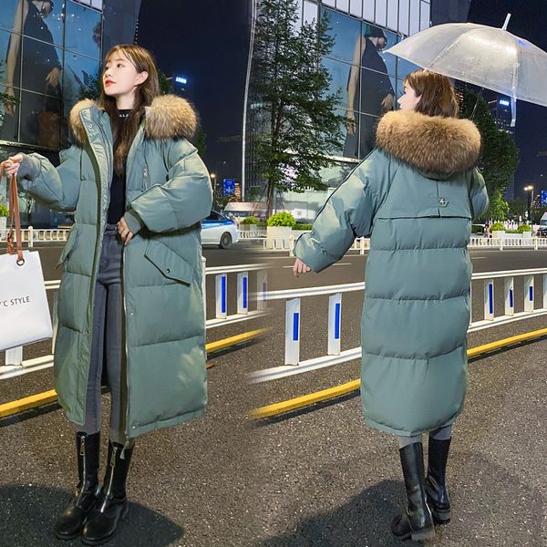 

2021 new women parkas new korean fashions drop sleeve long fur collar long-colored solid bread cotton woman's coat m18 d30g, Black
