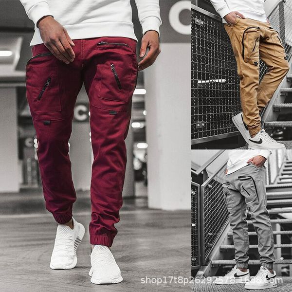 

2020 new fashion men's sports woven casual tooling pocket pants, Black