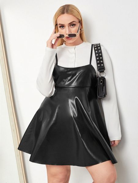 

plus flare hem pu overall dress without tee t2x1#, Black