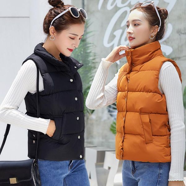 

autumn winter women's solid loose vests stand collar vest jacket cotton padded sleeveless coat windproof warm waistcoat kg-897, Black;white