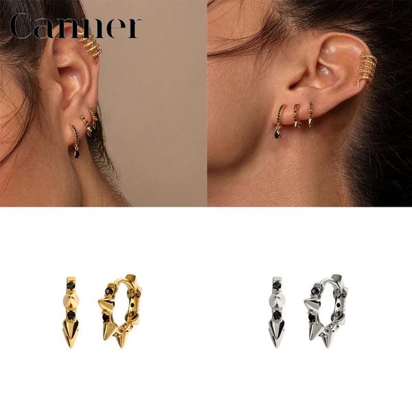 

hoop & huggie 925 sterling sliver earrings geometric rivet punk style black zircon for women jewelry brincos w4, Golden;silver