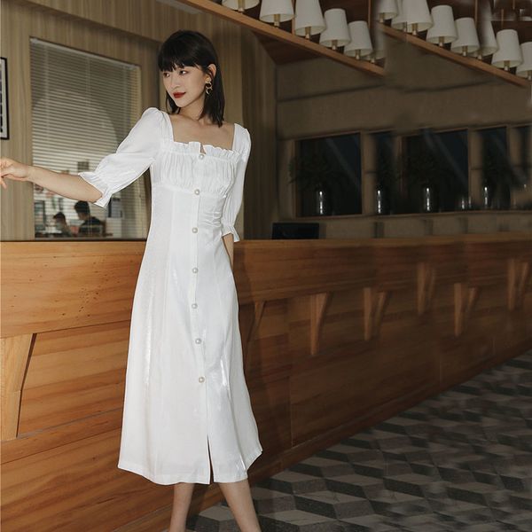 

2021 new female fall retro fairy white high waist thin a line long extension pearl button dress hl7o, Black;gray