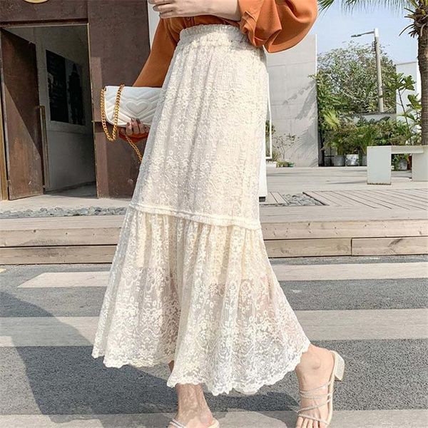 

lace retro high waist elegant 2020 new elastic-waist a-line high street floral office lady womens skirts 3 colors, Black