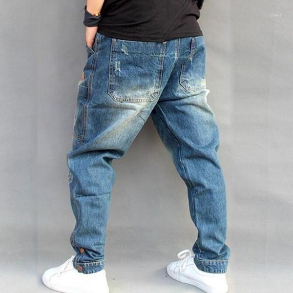 

blue hole ripped baggy jeans men hip hop streetwear skateboarder denim pants men's loose fit plus size hiphop jeans size s-4xl1