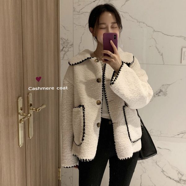 

women winter vintage turn down collar lambwool coat ladies tooth flower long sleeve short wool coat jacket warm outwearx1020, Black