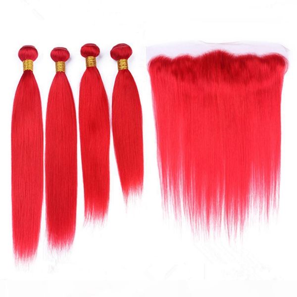 

peruvian straight red weaves human hair 4 bundles with frontal closure bright red virgin hair full lace closure 13x4" with weaves, Black;brown